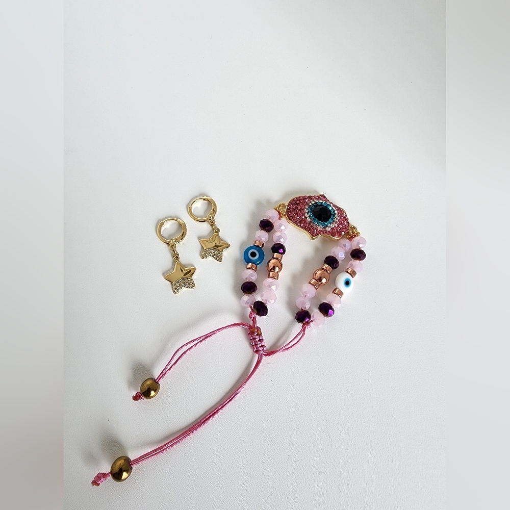 Hot Trend Evil Eye Bracelet Pink Adjustable + Gold Star Earrings Bundle Cute - Picture 2 of 6